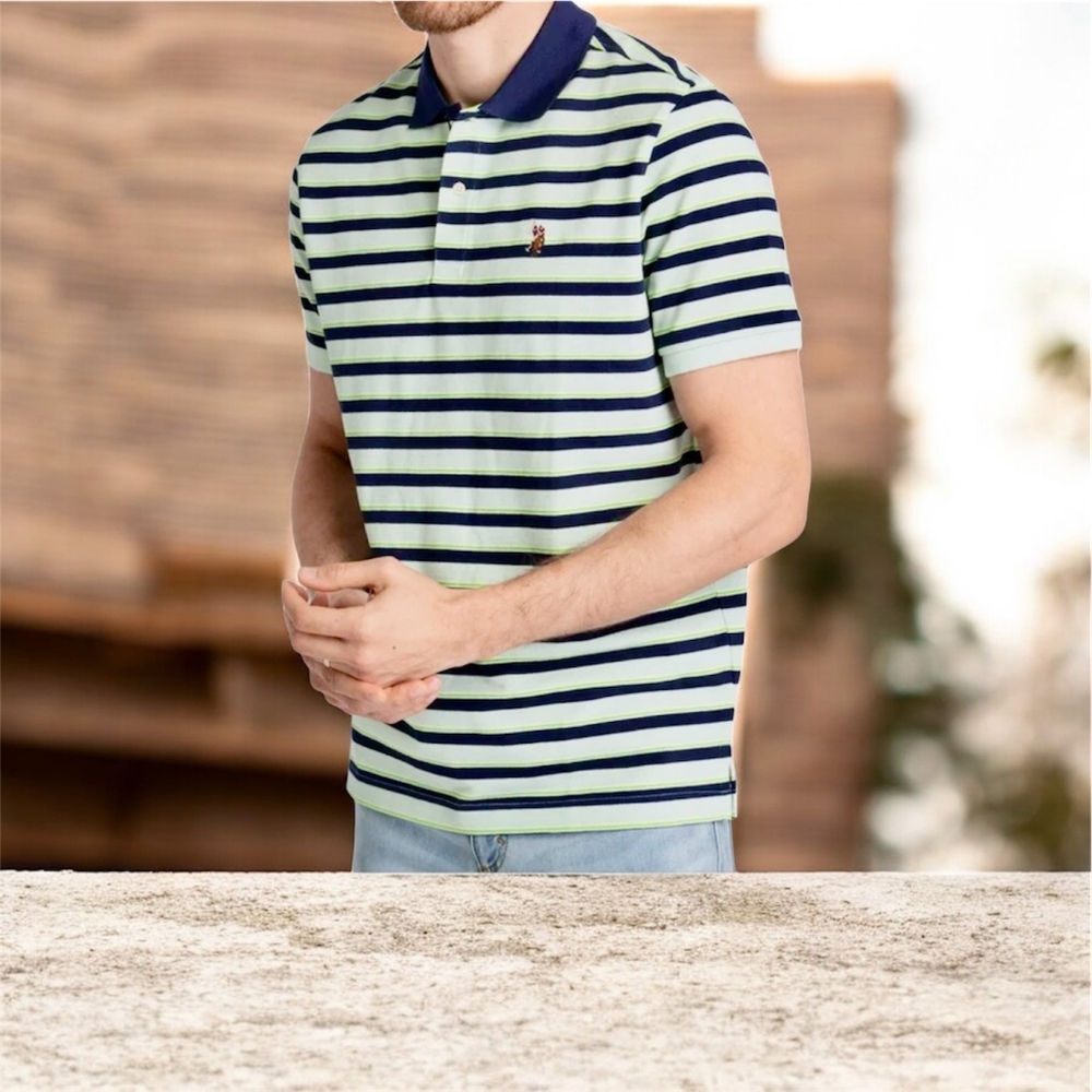 U.S POLO ASSN Mens Polo Shirt Blue White Green Striped Pique Logo Size Small NWT